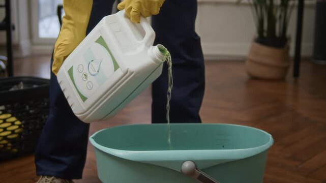 Tracking shot of anonymous office cleaner in gloves pouring eco-friendly floor wash into bucket before mopping