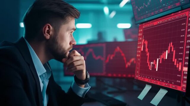 A trader closely watches stock market charts and data on multiple screens in a trading room. He focuses on the graphs as he considers his next moves.