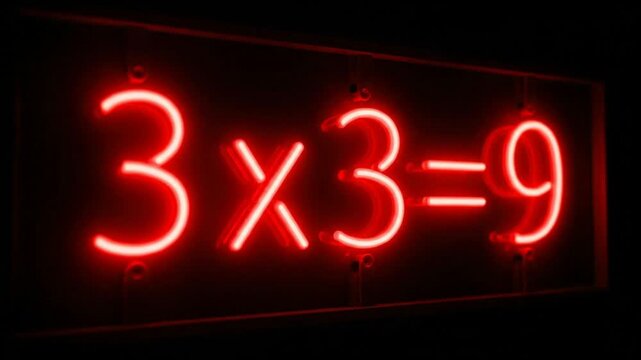A neon sign displays a mathematical equation in a dark environment.