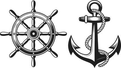 Vintage nautical ships wheel and anchor with rope isolated on transparent background © Billal