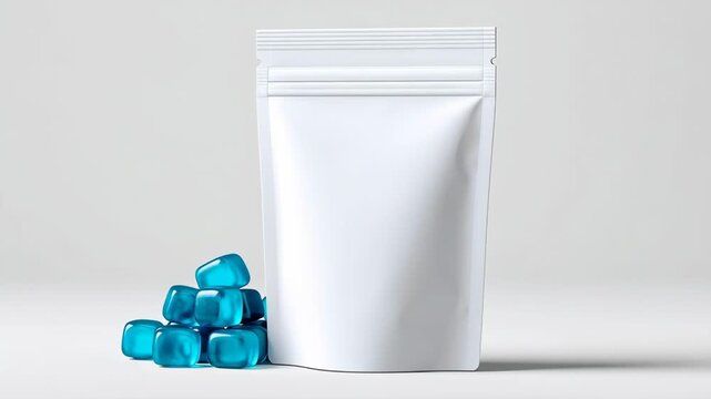 White resealable pouch filled with blue gel cubes positioned on a clean surface, showcasing a gradual shift in angle and arrangement across the frames