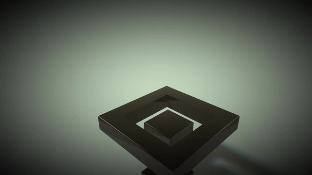 Low angle view of a floating black cube above geometric frames with soft moody lighting conveying themes of leadership and central data management