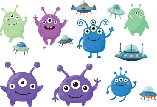 Cute cartoon alien characters with spaceships, UFOs, three-eyed monsters, colorful space creatures, galaxy theme, isolated flat vector clipart