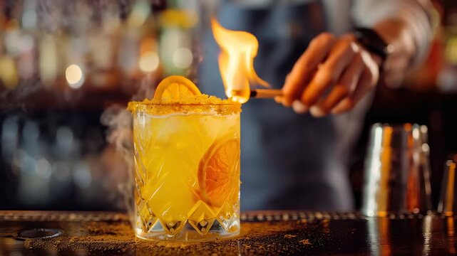 Bartender is preparing a flaming cocktail garnished with orange at bar