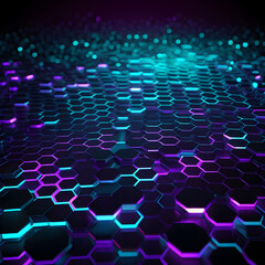Obraz premium Cybernetic Hexagonal Grid: A futuristic and high-tech digital design, featuring a repeating pattern of luminous hexagonal cells that glow with vibrant cyan and magenta hues.