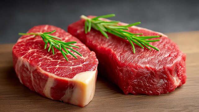 Fresh cuts of marbled beef steaks with rosemary sprigs arranged on a wooden cutting board, showcasing the rich textures and colors of the meat