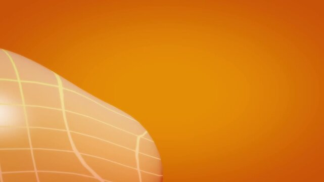 Abstract 3D blob with wireframe mesh texture floating over an orange gradient background featuring a soft aesthetic and futuristic design elements