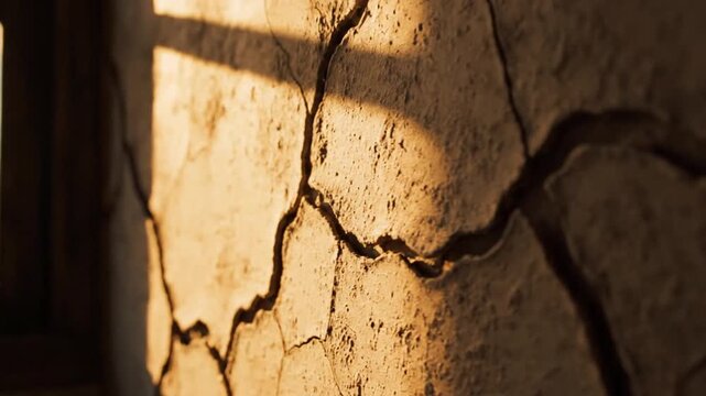 Cracked mud wall with sunlight and shadows in old ruin