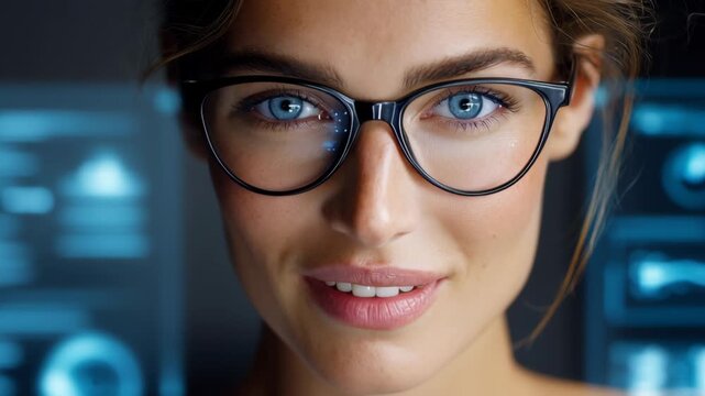 Caucasian female with glasses engages with digital interface, transitioning from closed eyes to focused gaze, showcasing advanced technology in a modern workspace