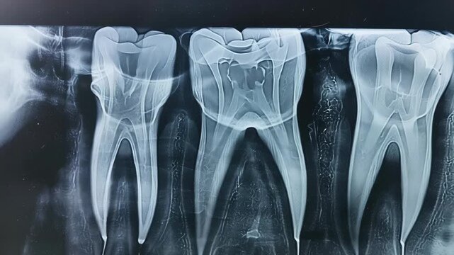 A dental X-ray image showing the details of multiple teeth's roots and surrounding bone structure