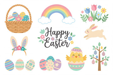 Obraz premium Easter clipart elements with decorated eggs, bunny, chick, basket and happy easter text