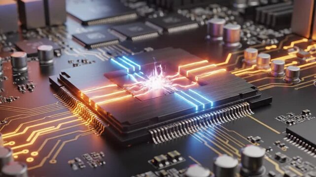 Close-up of a futuristic central processing unit with glowing blue and orange circuits and intricate pathways on a dark background representing advanced technology and innovation