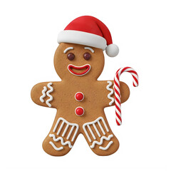 Gingerbread man in Santa hat with candy cane, Christmas cookie