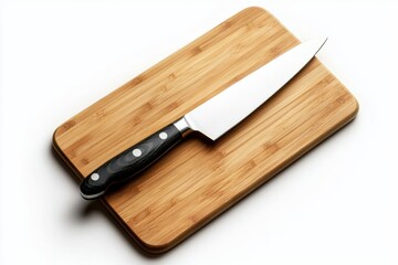 Fototapeta premium Sharp kitchen knife with black handle resting on rectangular bamboo cutting board with visible wood grain, isolated on white background, ready for food preparation