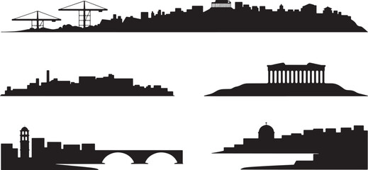Obraz premium Assortment of city outline graphics displaying prominent ancient structures busy ports and scenic crossings