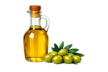 Glass decanter filled with rich, golden olive oil sits next to a small mound of bright green olives and fresh olive leaves against a crisp white background.