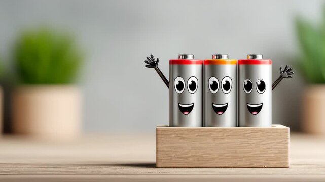 Three cheerful cartoon batteries with smiling faces and raised arms, displayed in a wooden holder against a blurred background of green plants and soft lighting