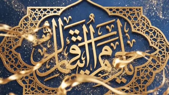 Elegant golden Arabic calligraphy artwork on a deep blue background with ribbons