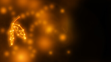 Glowing golden neon leaves with light particles on dark background © Zhuk