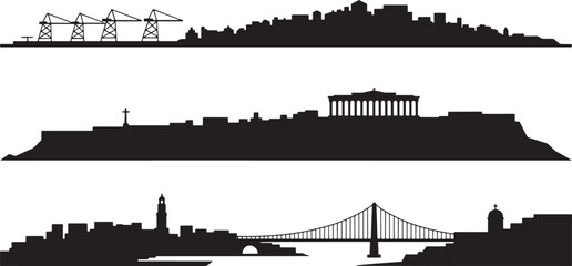 Global city silhouettes featuring port cranes ancient ruins modern bridges and varied topography