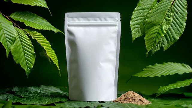 White resealable pouch filled with powder positioned on green leaves, with a mound of powder beside it, showcasing a natural setting and vibrant foliage