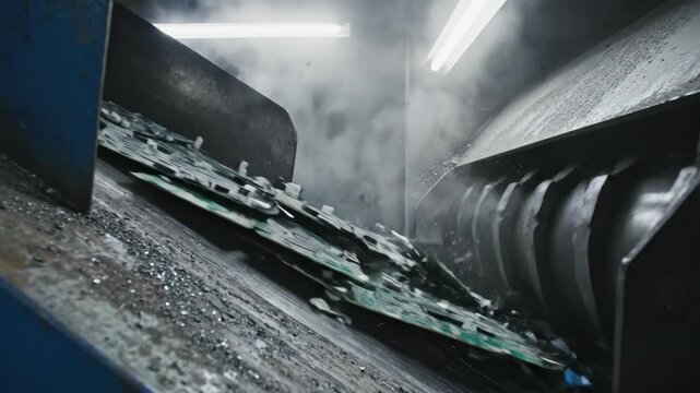 Circuit board fed into industrial shredding machine. Green electronics disintegrating into fragments. Recycling process for electronic waste destruction and material recovery.