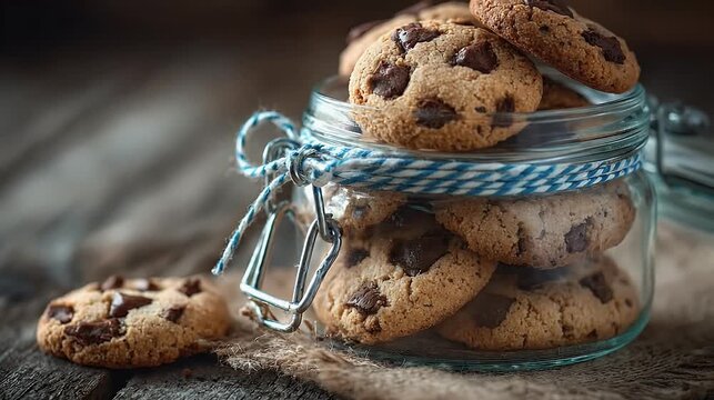 Delicious chocolate chip cookies in a glass jar with a blue ribbon warm lighting and rustic wooden table background with detailed textures
