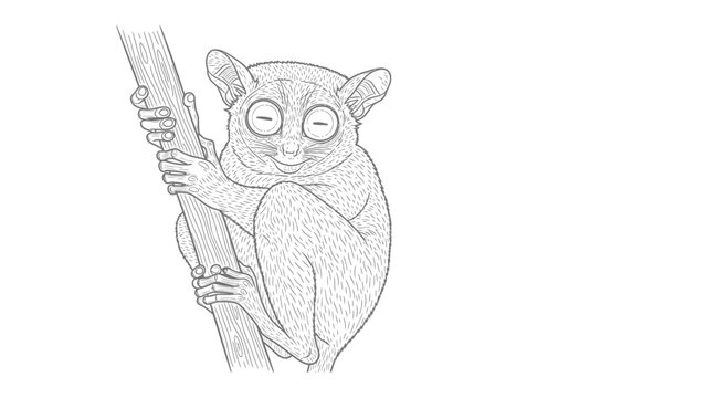 Tarsier on Branch: An intricately detailed illustration of a tarsier clinging to a branch, its large, expressive eyes and tiny hands capturing the unique charm of this arboreal primate. 