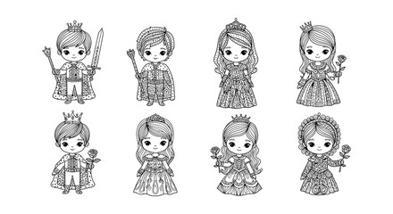 Charming cartoon royalty kings queens and princesses in black and white © nurjahan