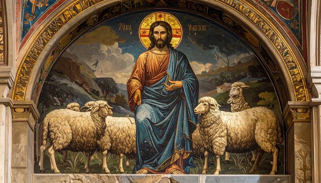 A mosaic depicts a bearded figure with a halo seated amongst sheep. A blue robe and reddish tunic are worn, set against a landscape and arch