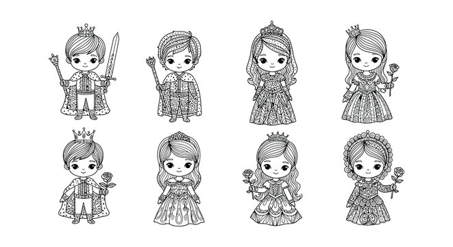 Charming cartoon royalty kings queens and princesses in black and white