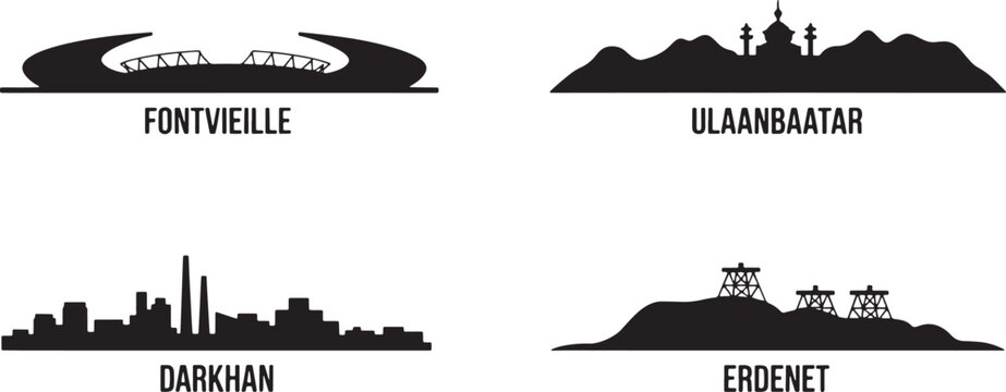 Mongolia and Monaco city skylines set featuring Ulaanbaatar Darkhan Erdenet and Fontvieille vector