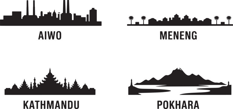 Nauru and Nepal city skylines collection featuring Aiwo Meneng Kathmandu and Pokhara silhouettes