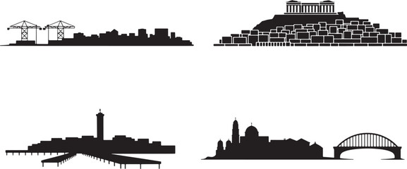 Set of black city skylines and historical landscapes silhouettes on transparent background vector