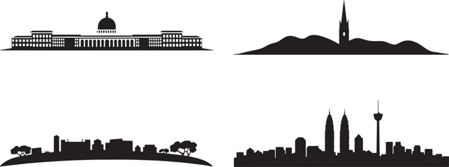Set of black city skylines and landscapes silhouettes on transparent background stock illustration