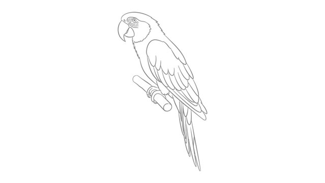 Parrot on Perch: A detailed line drawing of a vibrant parrot perched elegantly on a branch.