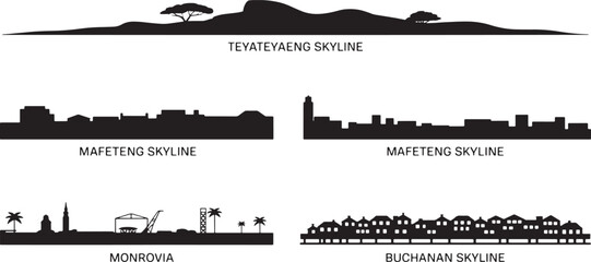 Skyline silhouettes of lesotho and liberia featuring teyateyaeng mafeteng monrovia and buchanan