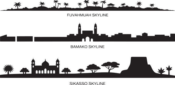 Three labeled skyline silhouettes depicting Fuvahmulah Bamako and Sikasso cityscapes with nature