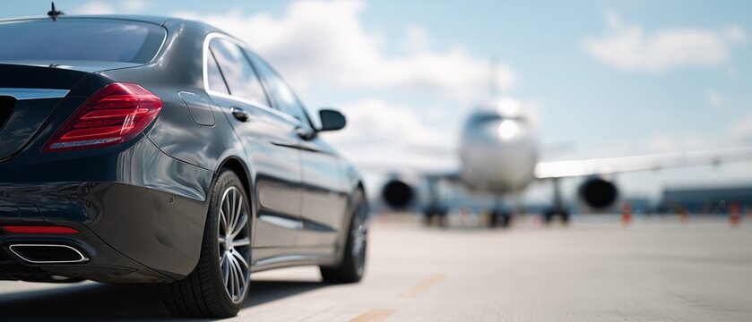 Transfer service wide banner. Luxury car near airplane on runway. Premium airport transfer service. Business travel transportation concept. Private chauffeur airport pickup.