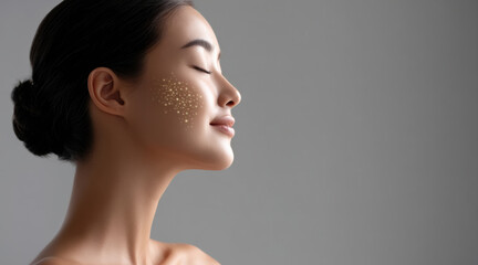 Side view of Asian woman with glowing skin, closed eyes, beauty dots on cheek, serene expression, smooth complexion, skincare concept