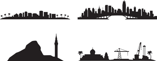 Obraz premium Variety of city skylines, including industrial areas, modern architecture and beach palm trees