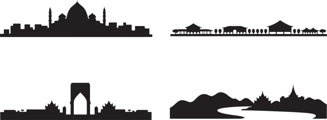 Obraz premium Various international city views presented as simple black graphic silhouettes for creative projects