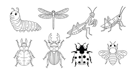 Collection of various black and white insect illustrations displayed on white © nurjahan