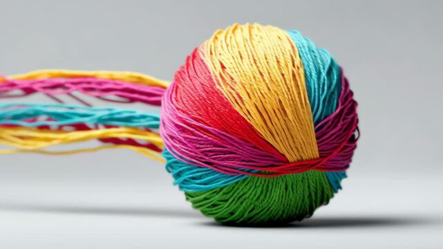 Colorful yarn ball with flowing strands in vibrant hues of red, blue, yellow, pink, and green, set against a soft gray background showcasing dynamic movement