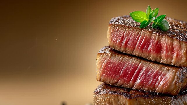 Succulent grilled steak slices stacked with visible marbling and garnished with fresh herbs against a warm, neutral background highlighting the rich textures and colors