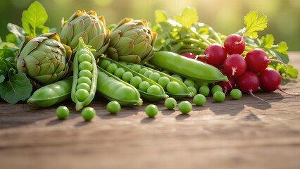 Primavera, dieta fresca e salutare con piselli, carciofi, cipollotti, avocado e verdure di stagione