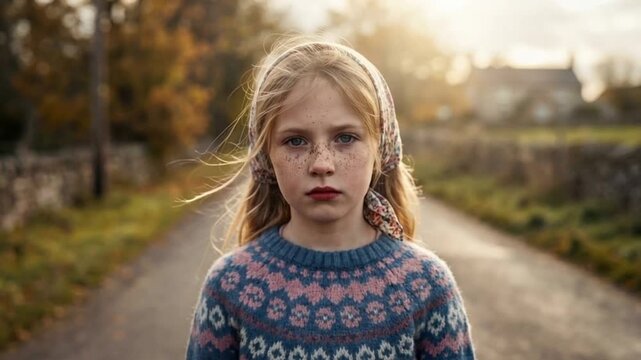 Solemn blonde girl with freckles and blue eyes wearing a floral scarf and patterned sweater in hazy natural light, perfect for fashion editorials.