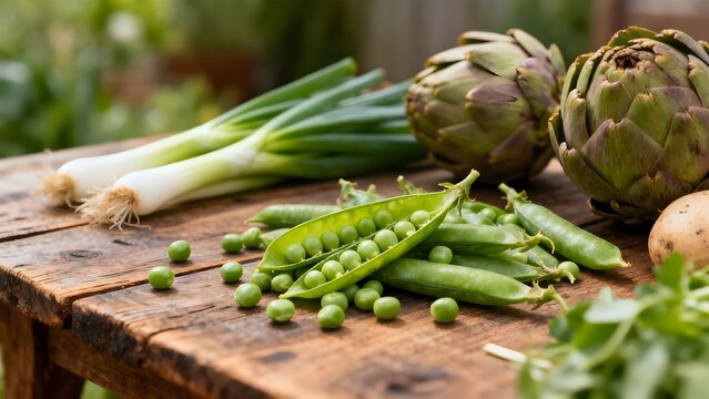 Primavera, dieta fresca e salutare con piselli, carciofi, cipollotti, avocado e verdure di stagione