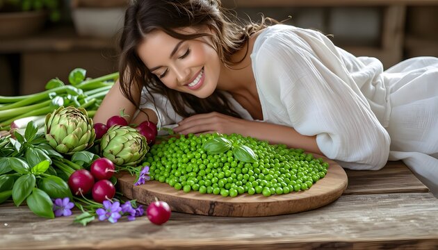 Primavera, dieta fresca e salutare con piselli, carciofi, cipollotti, avocado e verdure di stagione