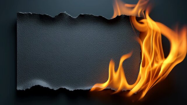 Black textured paper with jagged edges gradually catches fire from the right side, flames licking upward, creating a dramatic visual effect in a dark setting